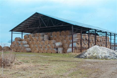 Huge Barn For Storing Hay Large Bales Of Hay Are Stored Under A Large