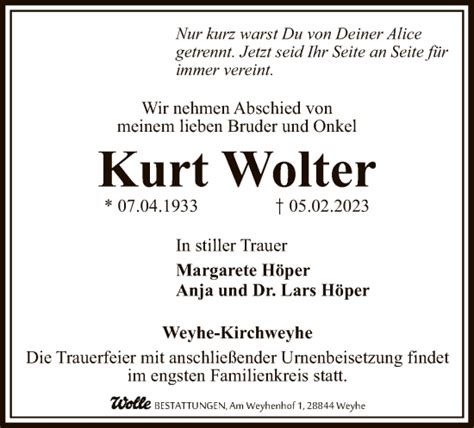 Traueranzeigen Von Kurt Wolter Trauer Kreiszeitung De