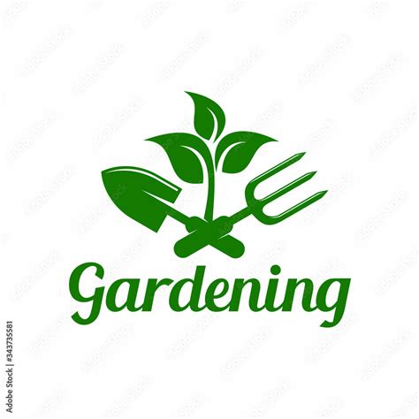 Gardening Logo Design with leaves on crossed spade and rake Stock ...