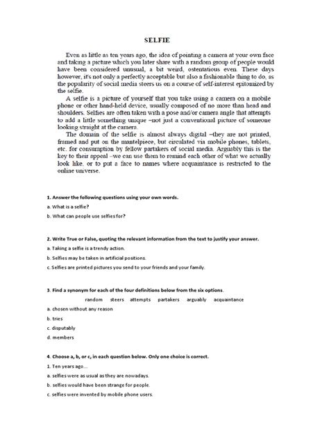 Selfies (Reading Comprehension) | PDF