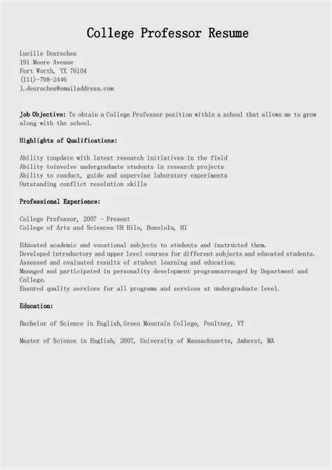 Resume Samples College Professor Resume Sample