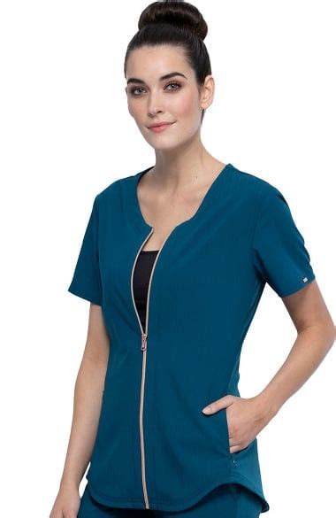 Statement By Cherokee Womens Zip Front Jewel Neckline Solid Scrub Top All