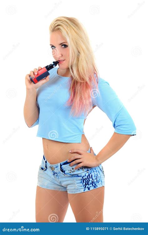 Girl Vaper Smokes Vape Isolated On White Background Stock Image Image