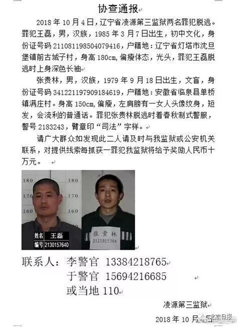 辽宁省凌源第三监狱脱逃罪犯王磊、张贵林被抓获 闽南网