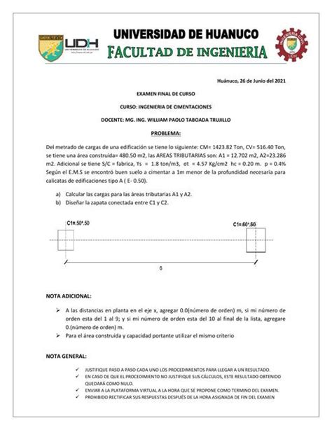 Solucionario De Examen De Diseño De Cimentaciones Zapata Conectada Apuntes De Ingenieria