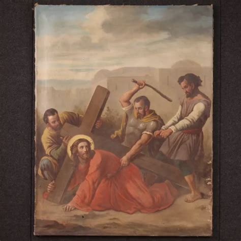 VIA CRUCIS DIPINTO Religioso Antico Quadro Olio Su Tela Cristo XIX