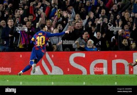 Leo Messi of FC Barcelona celebrates scoring a goal during the ...