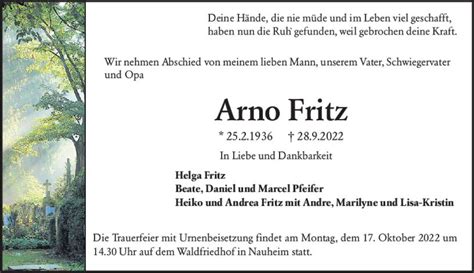 Traueranzeigen Von Arno Fritz Vrm Trauer De