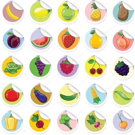 Pegatinas Con Dibujos Animados De Frutas Y Verduras Vector De Stock