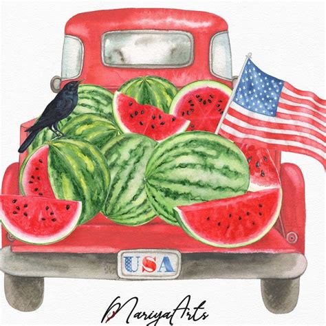 Watermelon Vintage Red Truck Watercolor Clipart Summer Clip Art Farm