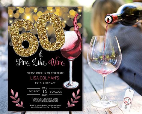 Diy 60th Birthday Wine Invitation Printable Template Black Gold