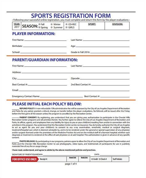 Printable Player Registration Form Template Word