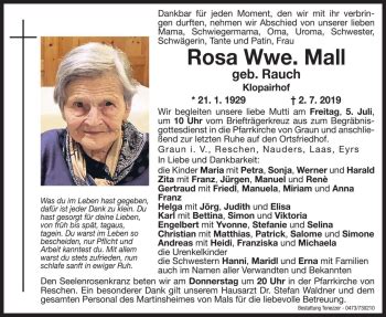 Traueranzeigen Von Rosa Mall Trauer Bz