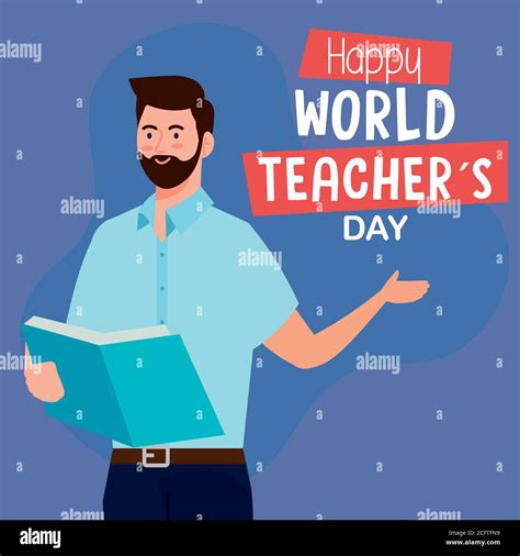 happy world teachers day, with man teacher reading book Stock Vector ...