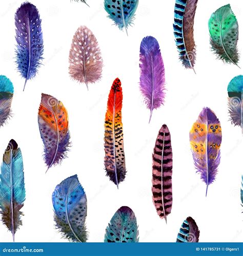 Hand Drawn Watercolour Bird Feathers Vibrant Bright Seamless Pattern