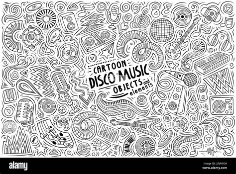 Line Art Vector Hand Drawn Doodle Cartoon Set Of Disco Music Theme