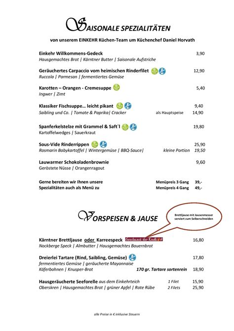 Speisekarte Restaurant Trattlers Einkehr In Bad Kleinkirchheim