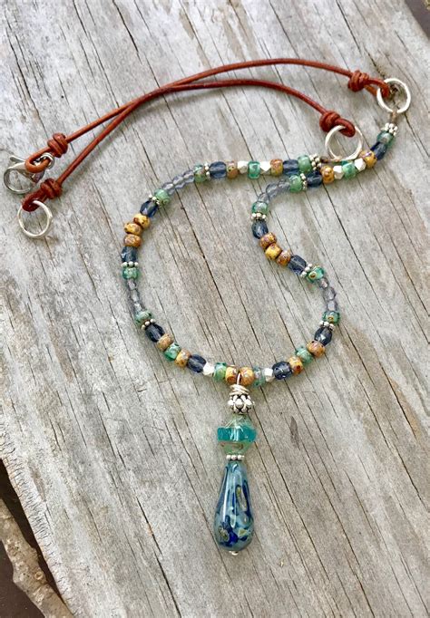 Boho Style Crystal Beaded Necklace With Blue Glass Pendant Etsy