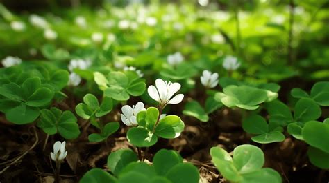 Closeups Of White Blooming Clovers On The Ground Background A Lucky