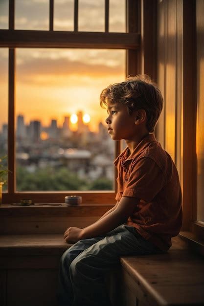 Un niño pequeño se sienta en el alféizar de una ventana y mira la