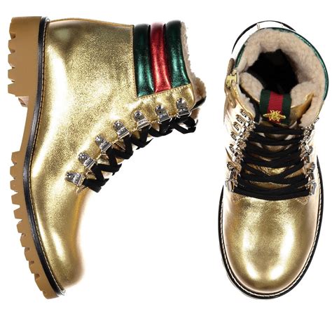 Gucci Girls Gold Leather Lace Up Combat Boots With Signature Stripe For