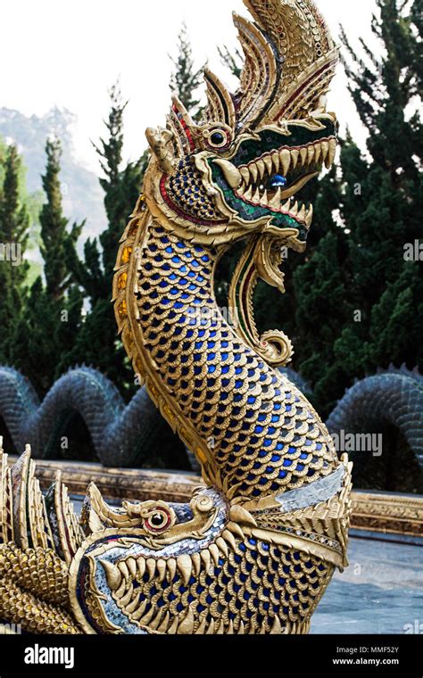 naga snake tile statue golden green color holy thai buddhism wat ...