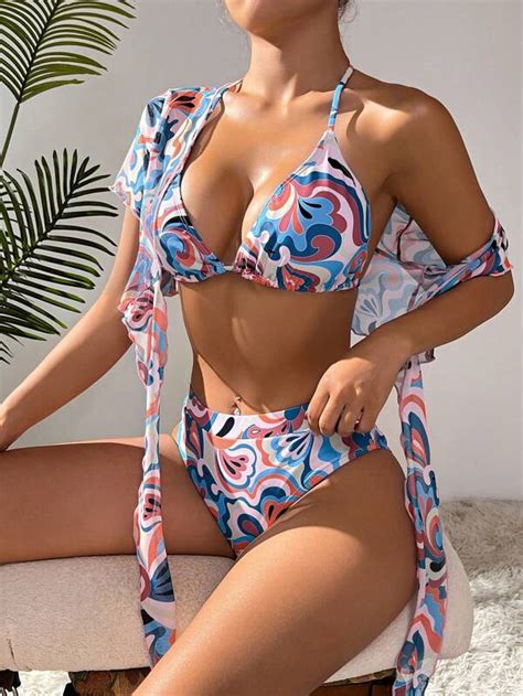 SHEIN Bañador bikini con estampado con nudo delantero con kimono Moda