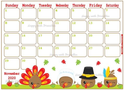 Calendar November 2020 Cute Thanksgiving Planner Printable | Etsy