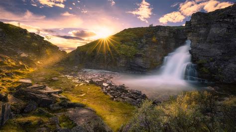 2048x1152 Beautiful Waterfall And Sunrise 2048x1152 Resolution Hd 4k