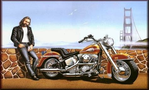 a painting of a motorcycle parked in front of the golden gate bridge