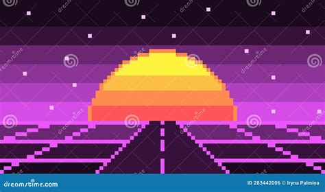 Pixel Road Synthwave Landscape With Sun And Stars Background Stock