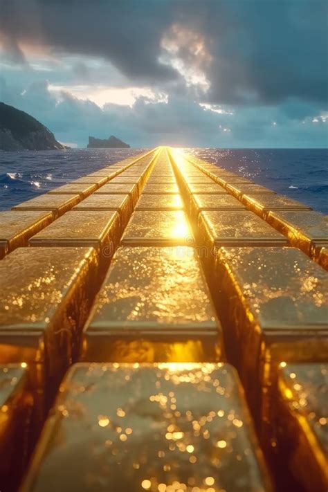 Gold Containers With Cargo On A Container Ship In The Ocean Stock Image