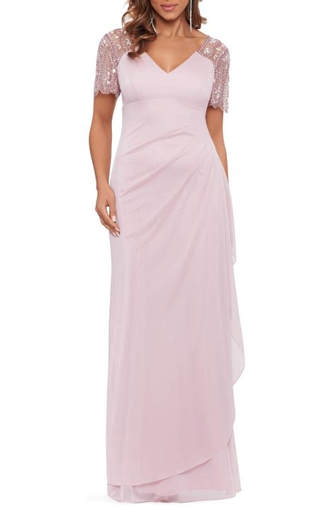 Xscape Beaded Sleeve Ruched Column Gown In Pink Lyst