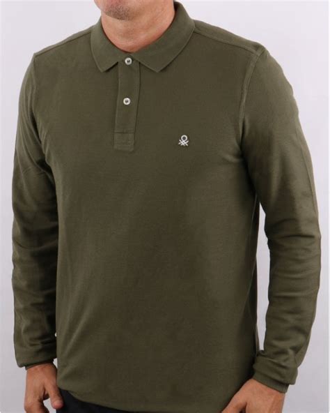 Benetton Long Sleeve Polo Shirt Khaki 80s Casual Classics