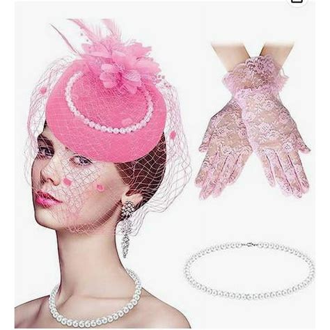 Nuolux 1 Set Fascinator Hat Necklace Set Tea Party Hat And Gloves Set