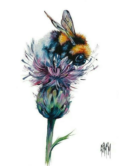 A Painting Of A Bee Sitting On Top Of A Purple Flower With Watercolors