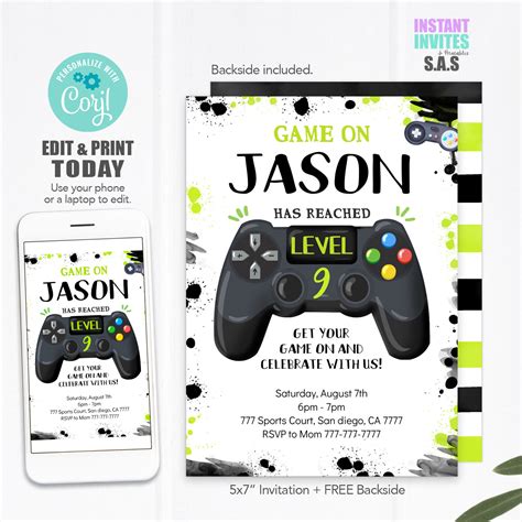 Editable Gamer Birthday Invitation Video Game Party Invite Gaming Game