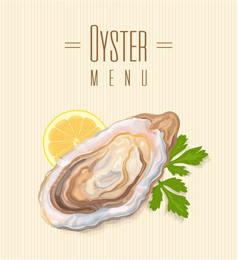 Oysters With Lemon And Herbs Restaurant Menu Cover Fresh Sea Delicacies Seafood Vector