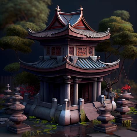 Premium AI Image | 3D rendering of a Japanese temple in the jungle with ...