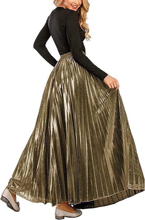 Womens Premium Metallic Shiny Shimmer Accordion Pleated Long Maxi Skirt Ebay