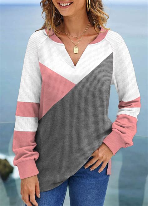 Rotita Patchwork Pink V Neck Long Sleeve Sweatshirt Stylish Tops For