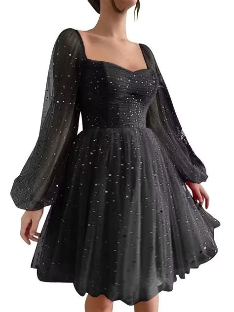 Satswtiy Black Puffy Sleeve Prom Dresses Short Homecoming Dresses