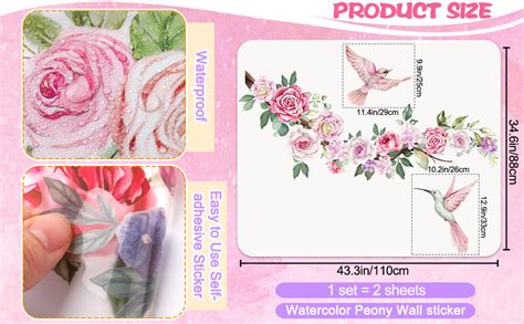 Amazon DRWSSR 2 Sheets Watercolor Peony Flowers Wall Decals Floral