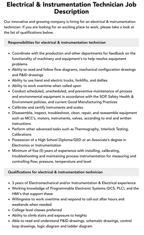 Electrical Instrumentation Technician Job Description Velvet Jobs