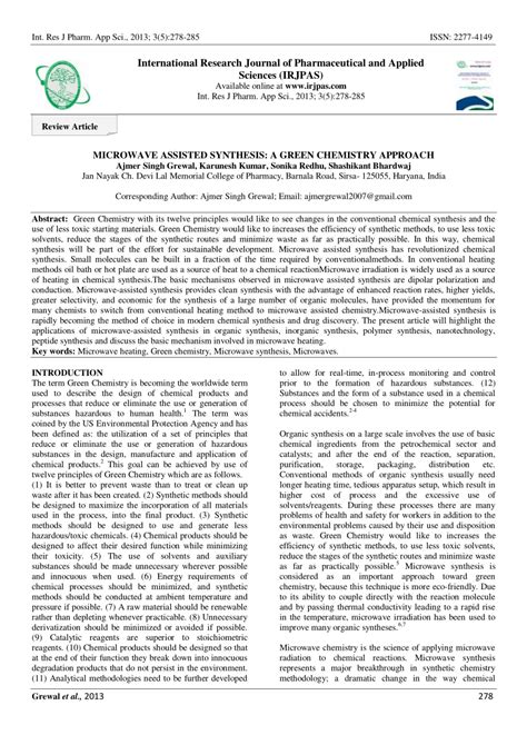 Pdf Microwave Assisted Synthesis A Green Chemistry Approach