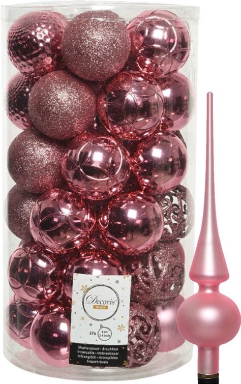 Kunststof Kerstballen D6 Cm Incl Glazen Piek Mat Lippenstift Roze