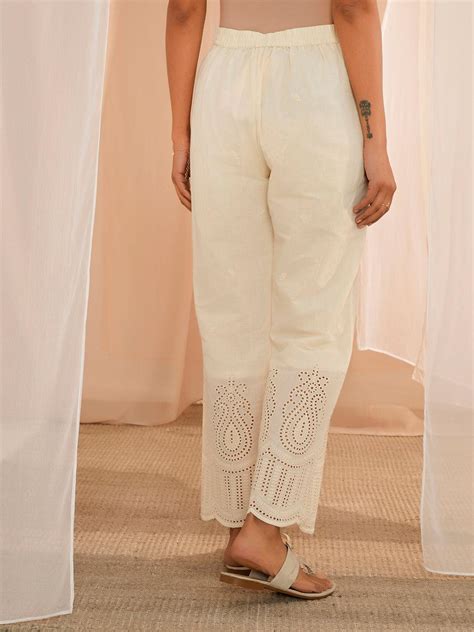 Buy Off White Embroidered Cotton Straight Fit Palazzos Online At Rs 859