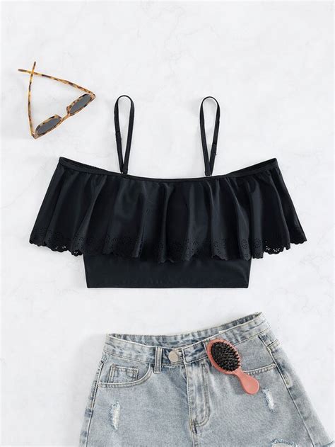 SHEIN Swim Vcay Cold Shoulder Scallop Trim Bikini Top SHEIN USA