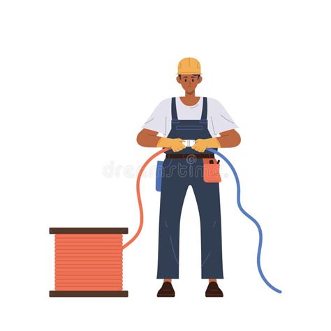 Man Electrician Character Holding Two Cords Connecting Cables To Start