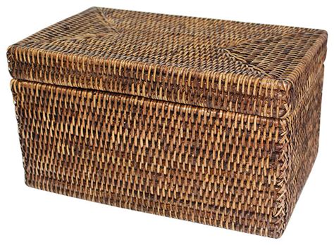 Rattan Rectangular Lidded Storage Basket Tropical Baskets By Hudson And Vine Houzz